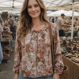 Boho Women XL Peasant Blouse Cottage Core Tunic Long Puff Sleeve  Adj Neckline